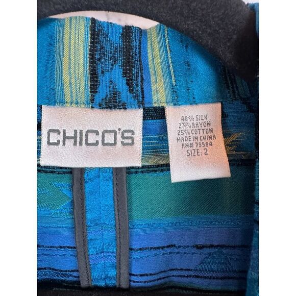 CHICO'S royal blue teal silk blend unlined aztec southwestern jacket blazer 2 L - Picture 3 of 8
